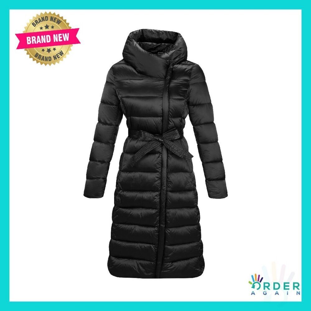 Women's Long Puffer Jacket Hooded Quilted Belted Lightweight Winter Coat